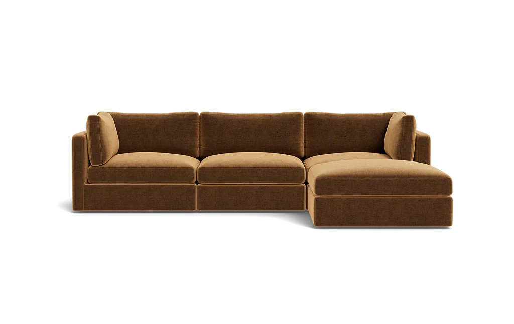 The Tatum Modular 3 Seat Chaise 106" Sectional features a rich brown hue with plush cushions and a right-side chaise lounge, all showcased against a plain black background.
