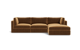 The Tatum Modular 3 Seat Chaise 106" Sectional features a rich brown hue with plush cushions and a right-side chaise lounge, all showcased against a plain black background.