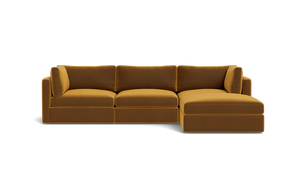 Introducing the Tatum Modular 3 Seat Chaise 106" Sectional, a modern sectional sofa in a striking mustard color. It features three seat cushions and an attached chaise lounge with clean lines, rectangular armrests, and a minimalist design set against a black background.
