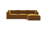 Introducing the Tatum Modular 3 Seat Chaise 106" Sectional, a modern sectional sofa in a striking mustard color. It features three seat cushions and an attached chaise lounge with clean lines, rectangular armrests, and a minimalist design set against a black background.