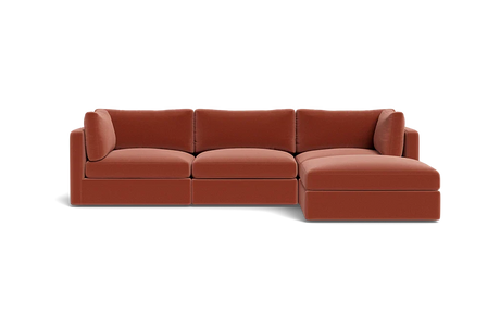 The Tatum Modular 3 Seat Chaise 106" Sectional, featuring deep brown cushions and a chaise lounge attachment on the right, set against a black background.