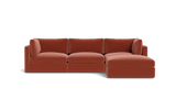 The Tatum Modular 3 Seat Chaise 106" Sectional, featuring deep brown cushions and a chaise lounge attachment on the right, set against a black background.