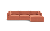 The Tatum Modular 3 Seat Chaise 106" Sectional is a contemporary, modular sofa with a right-hand chaise, featuring upholstery in warm terracotta fabric and set against a solid black background.