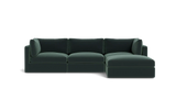 The Tatum Modular 3 Seat Chaise 106" Sectional is a dark green sofa with three seat cushions, a chaise on the right side, three back cushions, and two armrests against a solid black background.