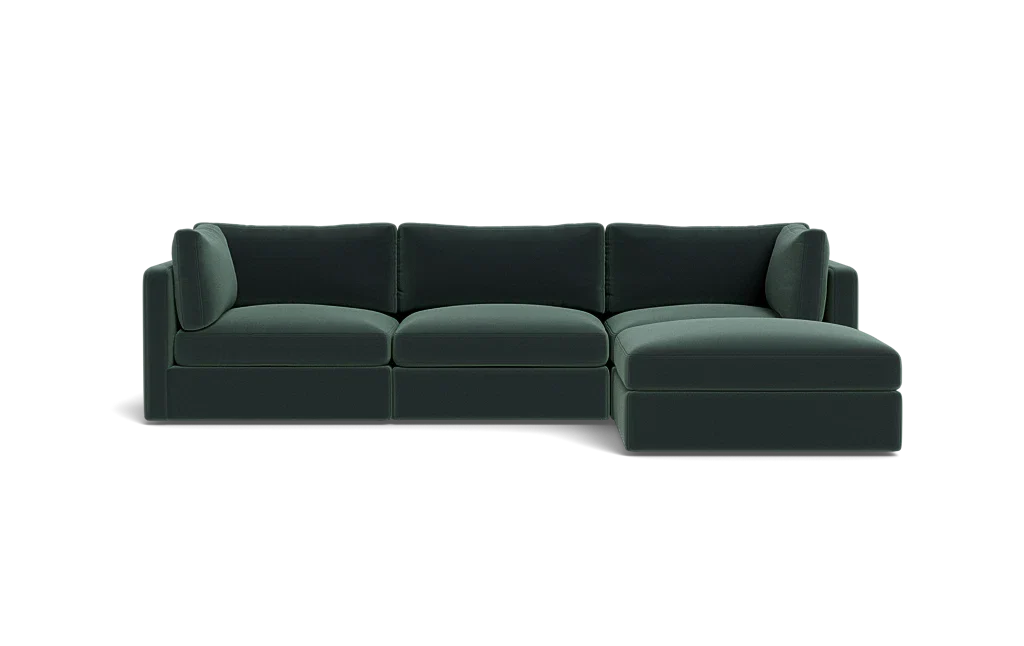 The Tatum Modular 3 Seat Chaise 106" Sectional is a dark green sofa with three seat cushions, a chaise on the right side, three back cushions, and two armrests against a solid black background.