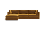 A Tatum Modular 3 Seat Chaise Sectional in mustard yellow, showcasing clean lines and plush cushions against a plain black background, features a left-side chaise for a sleek and modern design.