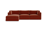 Introducing the Tatum Modular 3 Seat Chaise Sectional, a contemporary red-brown sofa with clean lines and a minimalist design, set against a solid black background. This sectional features a left-side chaise for an extended seating area.
