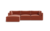A sleek Tatum Modular 3 Seat Chaise Sectional in a rust hue, featuring a left-side chaise and showcased against a black backdrop. This sectional is designed with plush cushions and embodies a streamlined, minimalist aesthetic.