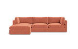 The Tatum Modular 3 Seat Chaise Sectional is a spacious, contemporary sofa featuring a chaise lounge. It's upholstered in an inviting, earthy orange fabric with clean lines and plush cushions, set against a simple black background.