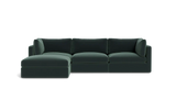 The Tatum Modular 3 Seat Chaise Sectional, featuring sleek cushions and a left-sided chaise in dark green, is set against a plain black background.