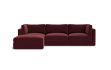 The Tatum Modular 3 Seat Chaise Sectional, upholstered in maroon, sits against a solid black background. It boasts plush cushions and a chaise lounge on the left side, providing a modern and comfortable seating option.
