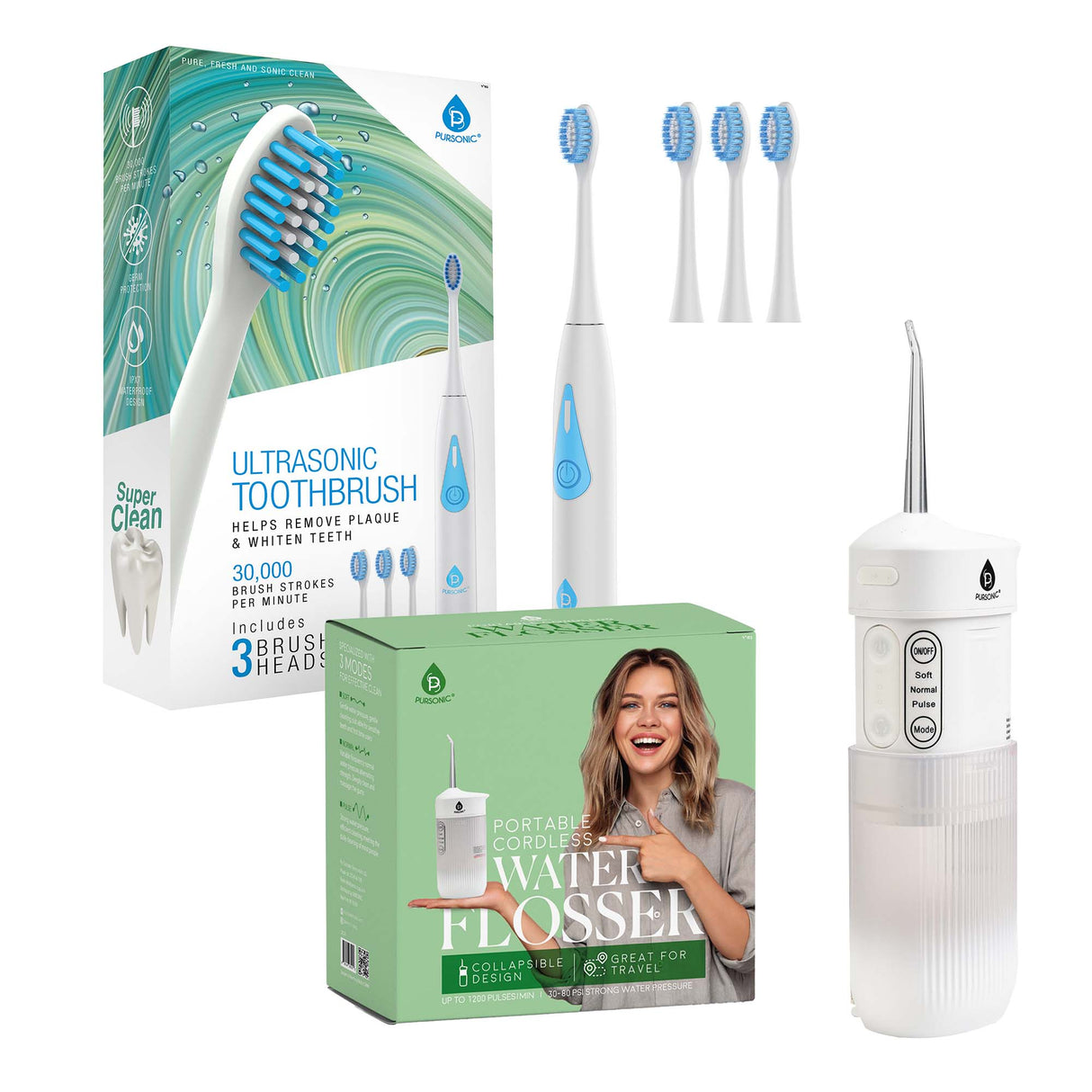 Ultimate Smile Care Duo: Triple-Head Tooth Wizard & Travel-Ready Water Flosser by Pursonic