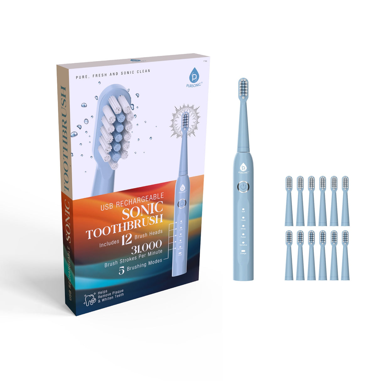 USB Rechargeable Electric Toothbrush with 12 Brush Heads by Pursonic