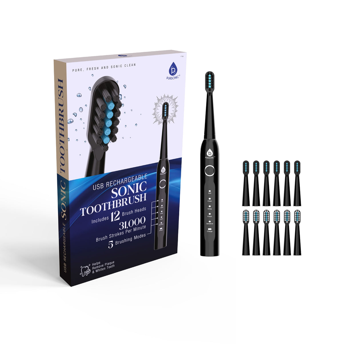 USB Rechargeable Electric Toothbrush with 12 Brush Heads by Pursonic