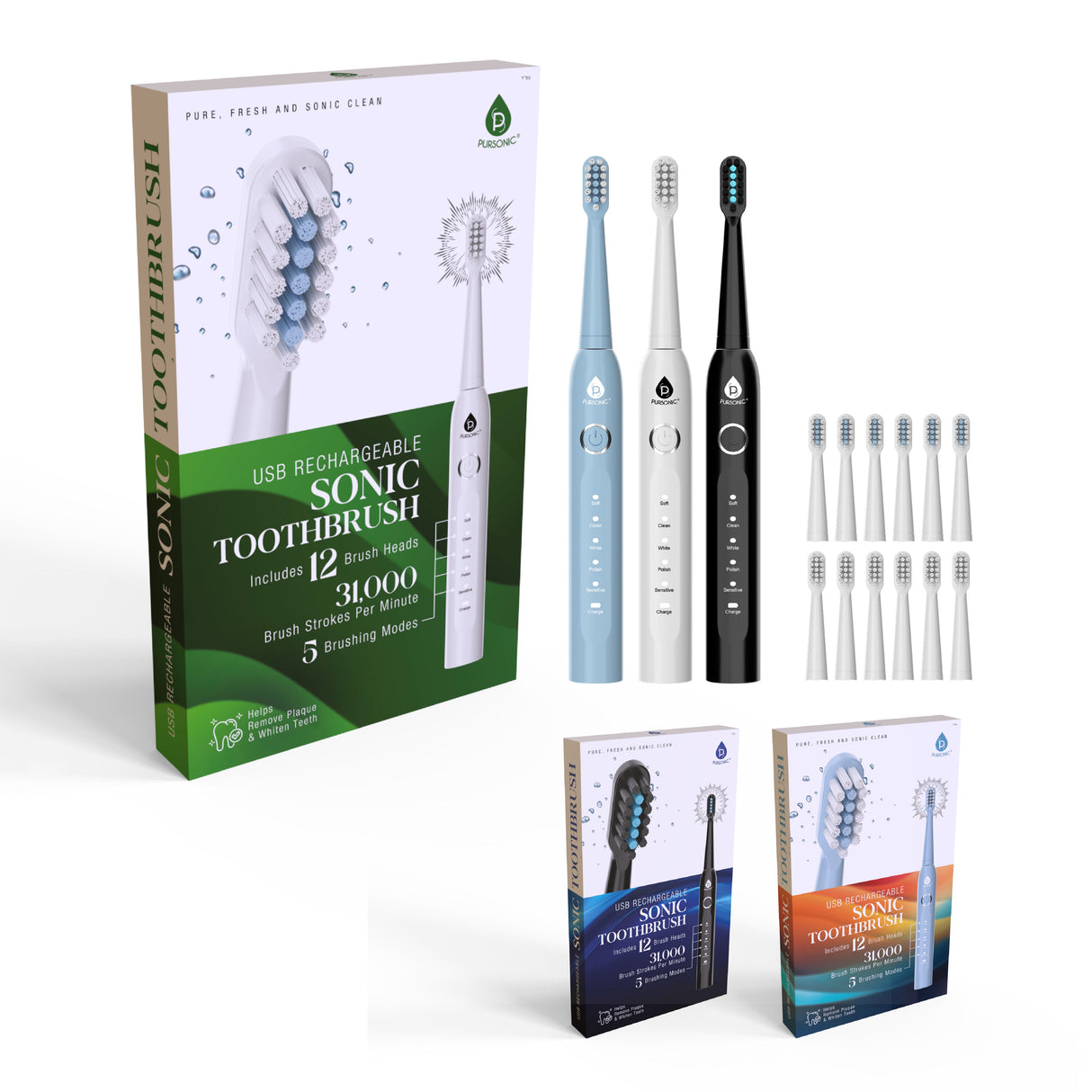 USB Rechargeable Electric Toothbrush with 12 Brush Heads by Pursonic