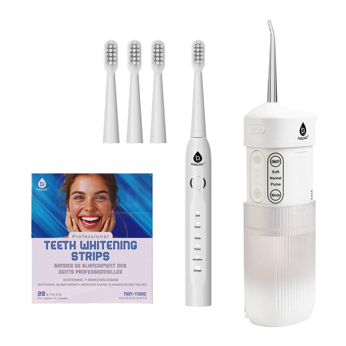 Pursonic PowerSmile Bundle – USB Rechargeable Sonic Toothbrush, Collapsible Water Flosser & Professional Teeth Whitening Strips for a Complete Oral Care System by Pursonic