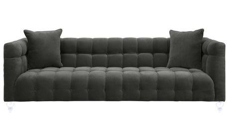 Introducing the Bea Velvet Tufted Sofa, a dark green masterpiece featuring clear acrylic legs and a pair of matching cushions. Its design boasts a modern and plush aesthetic, highlighted by a sophisticated grid-like pattern on the velvet upholstery.