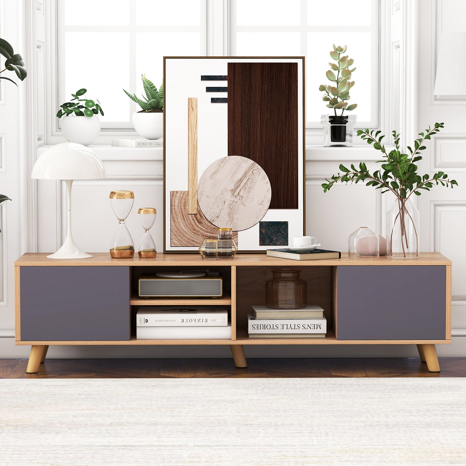 TV Stand Cabinet for TVs up to 65 Inch with Open Shelf for Living Room