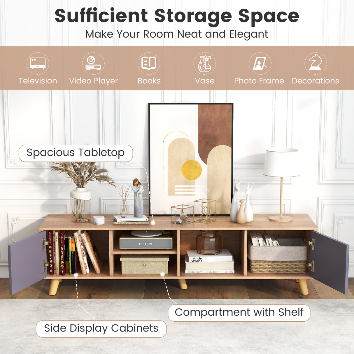TV Stand Cabinet for TVs up to 65 Inch with Open Shelf for Living Room