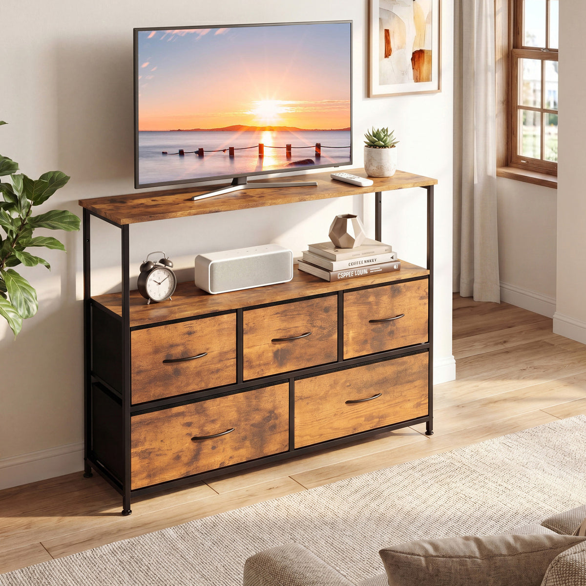 TV Stand Dresser for 45 Inch TV 5 Fabric Drawer Entertainment Center-Brown