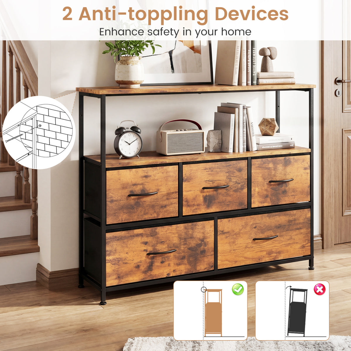 TV Stand Dresser for 45 Inch TV 5 Fabric Drawer Entertainment Center-Brown