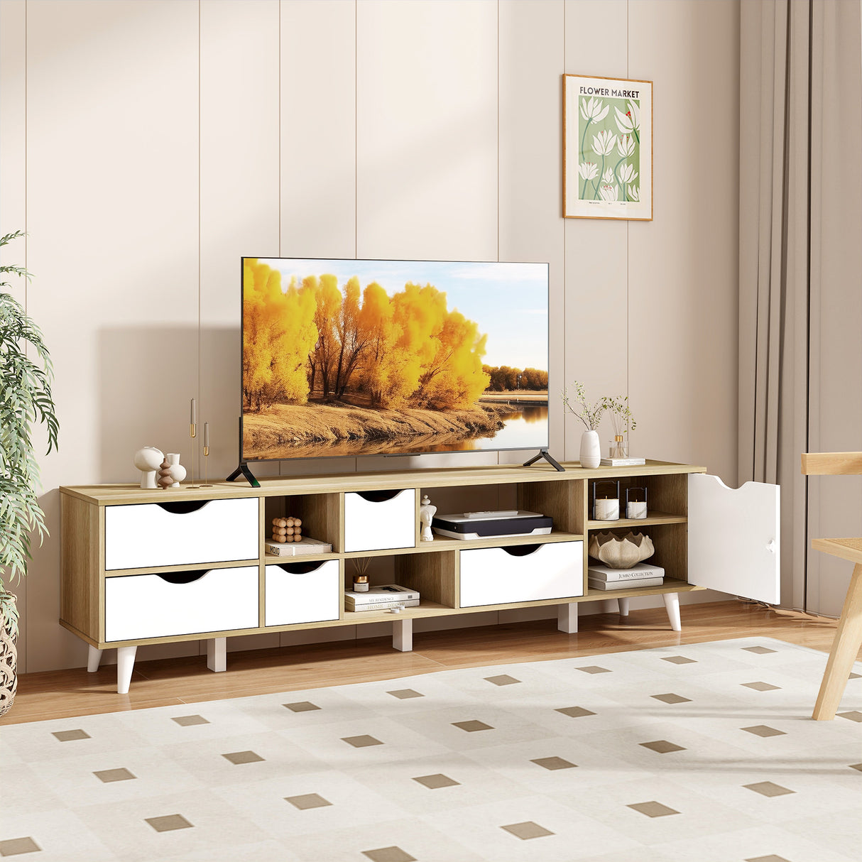 TV Stand for TVs up to 65  Television Cabinet  w/ 5 Drawers & 3 Open Shelves-Oak
