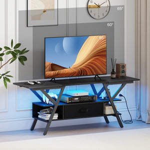 TV Stand for 65 Inch TVs with Power Outlets and LED Lights-Black