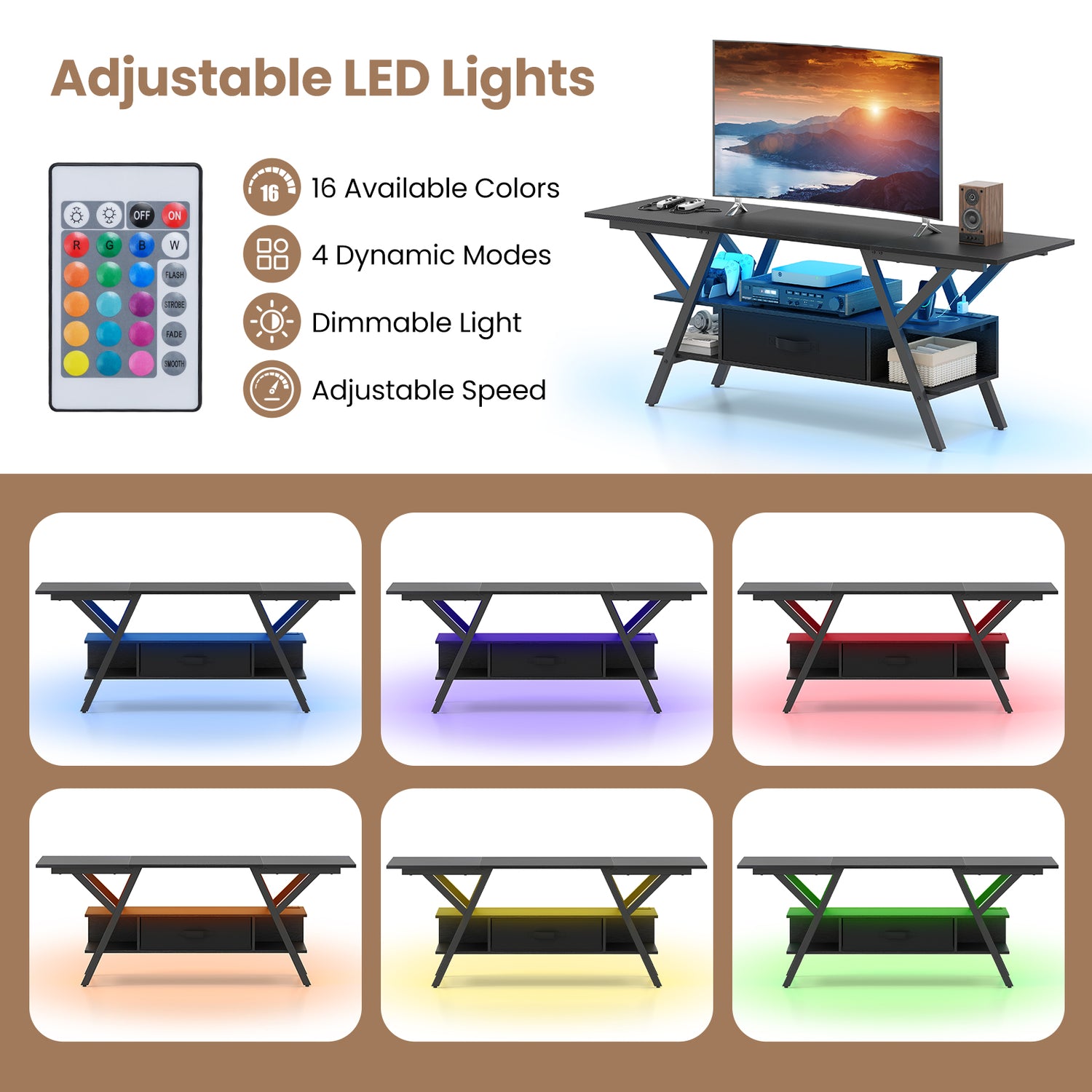TV Stand for 65 Inch TVs with Power Outlets and LED Lights-Black