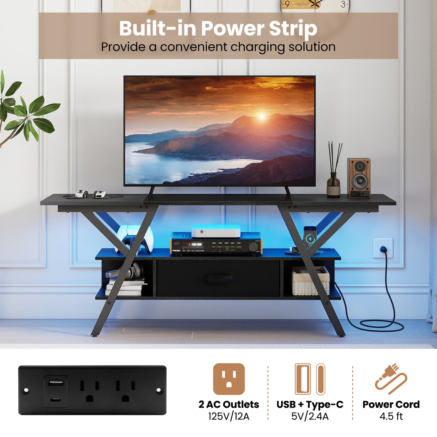 TV Stand for 65 Inch TVs with Power Outlets and LED Lights-Black
