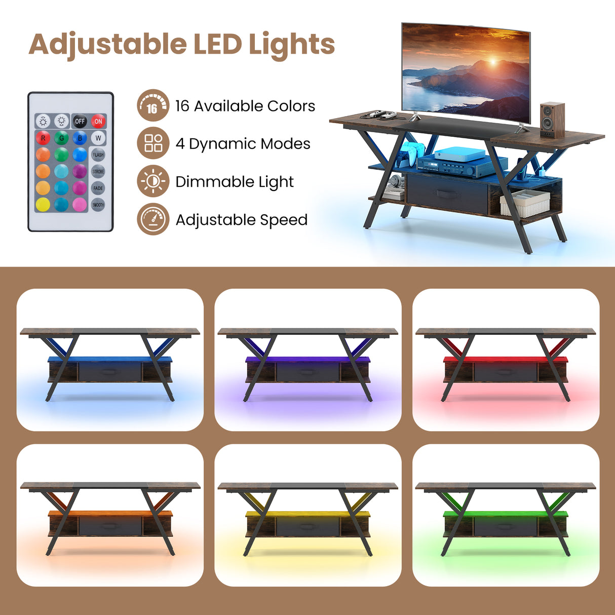 TV Stand for 65 Inch TVs with Power Outlets and LED Lights-Rustic Brown