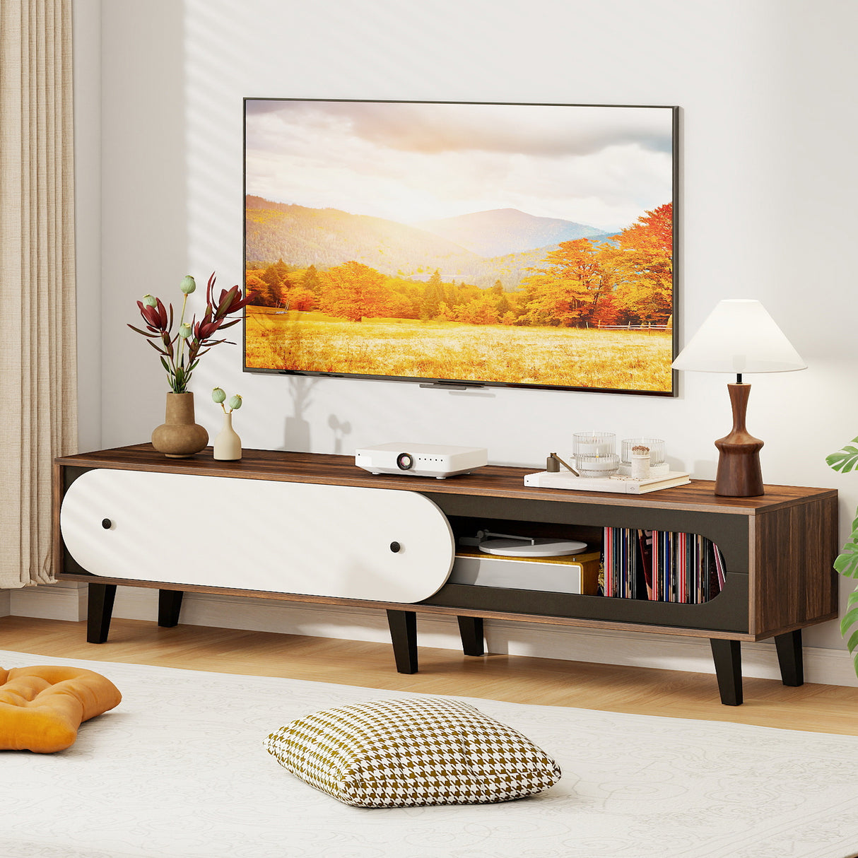 TV Stand for 80 Inch TVs Mid Century Modern Entertainment Center with Sliding Door Cabinet-Walnut