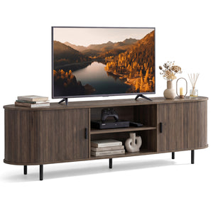 TV Stand for 80 Inch TVs Mid Century Modern Entertainment Center with Fluted Sliding Doors-Walnut
