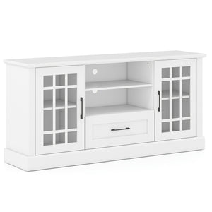 TV Stand for TVs up to 70  with Glass Doors Cubbies and Drawer-White