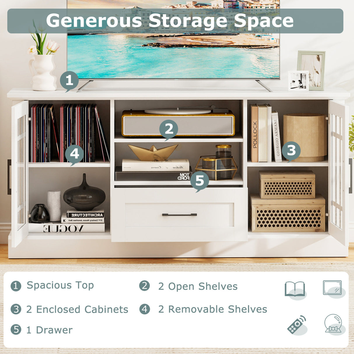 TV Stand for TVs up to 70  with Glass Doors Cubbies and Drawer-White