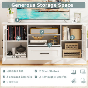 TV Stand for TVs up to 70  with Glass Doors Cubbies and Drawer-White