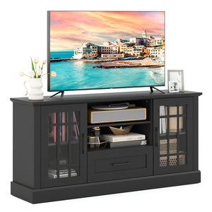 TV Stand for TVs up to 70  with Glass Doors Cubbies and Drawer-Black