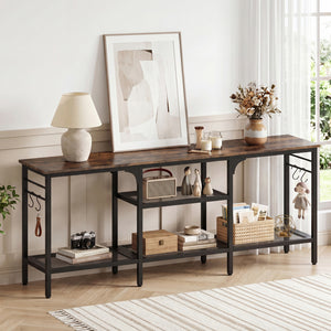 TV Stand for TVs up to 65 Inch with 3-Tier Open Shelves and 4 Hooks-Rustic Brown & Black
