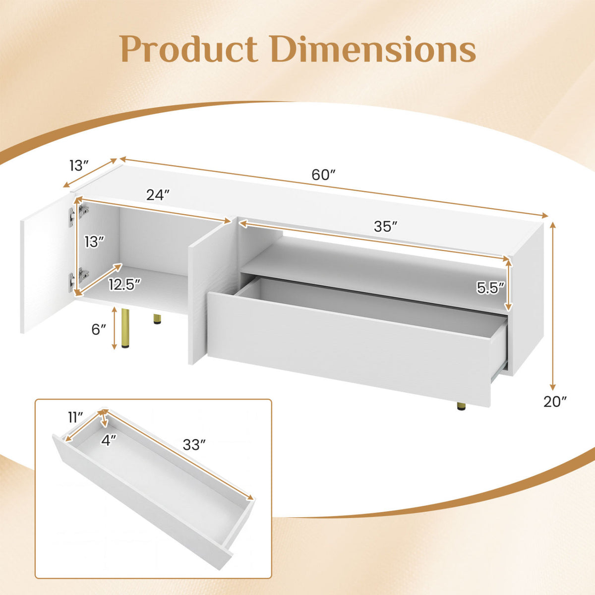 TV Stand for TVs up to 70" with Storage Cabinet and Raised Metal Legs-White