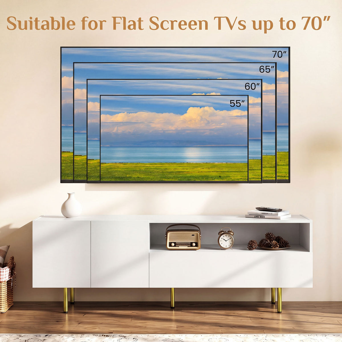 TV Stand for TVs up to 70" with Storage Cabinet and Raised Metal Legs-White