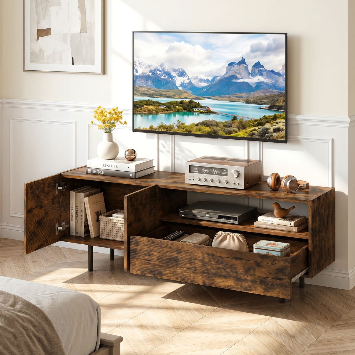 TV Stand for TVs up to 70" with Storage Cabinet and Raised Metal Legs-Rustic Brown