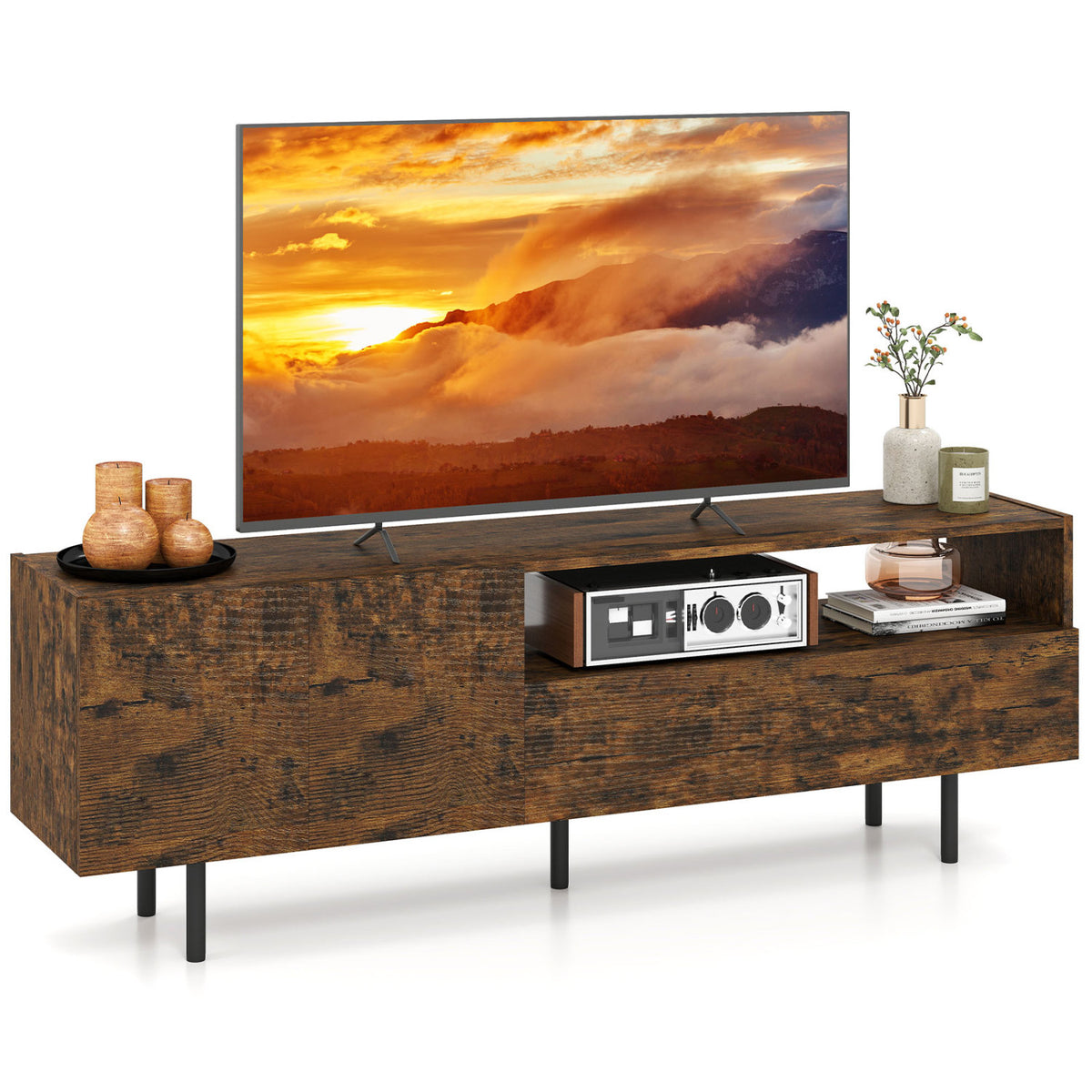 TV Stand for TVs up to 70" with Storage Cabinet and Raised Metal Legs-Rustic Brown