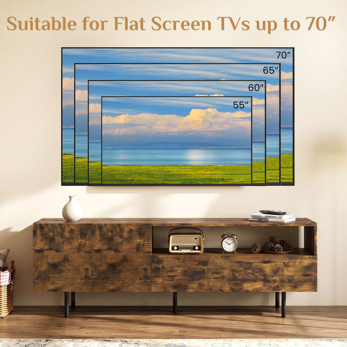TV Stand for TVs up to 70" with Storage Cabinet and Raised Metal Legs-Rustic Brown