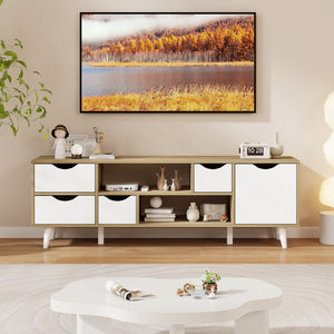 TV Stand for TVs up to 55  Television Cabinet  w/ 4 Drawers & 2 Open Shelves-Oak