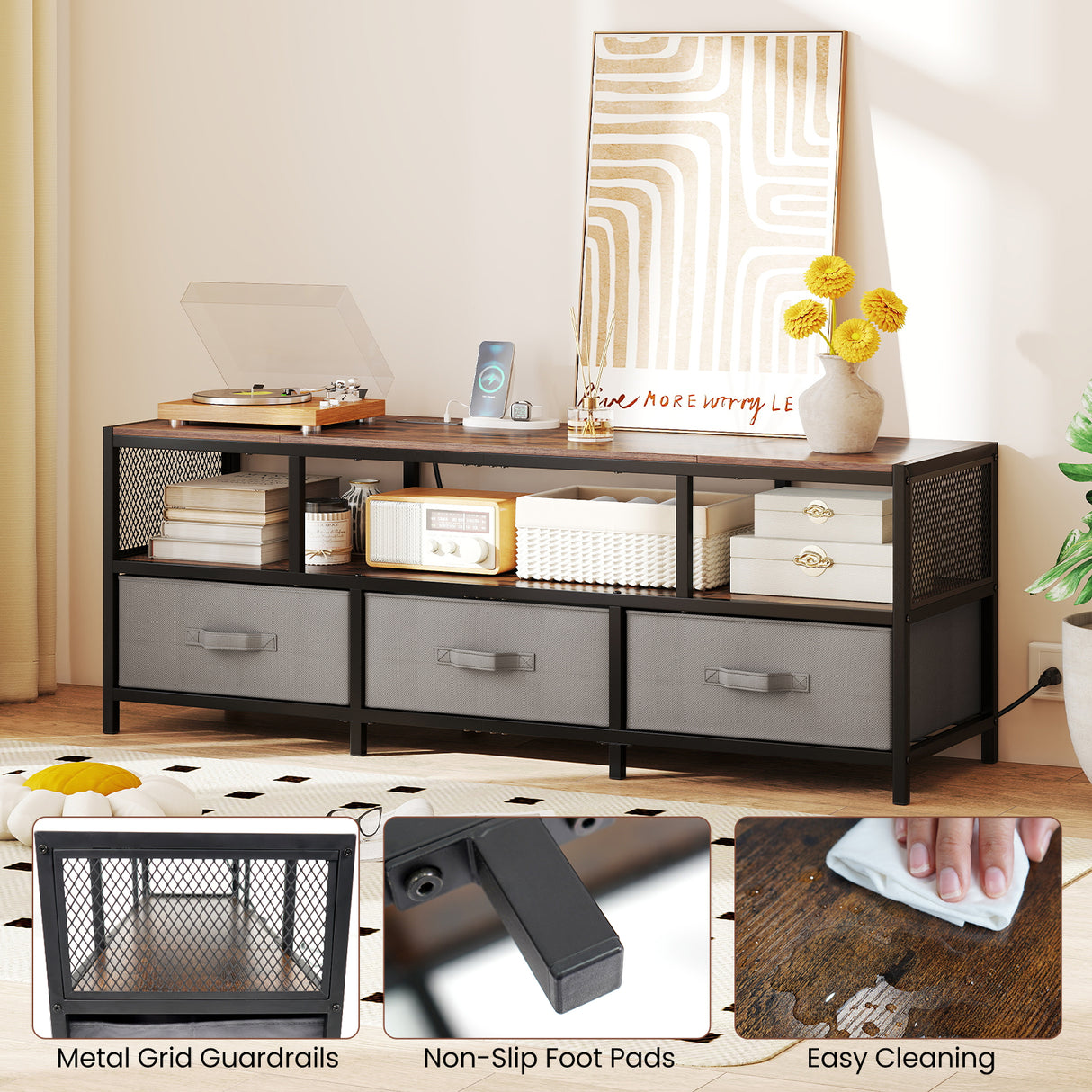 TV Stand for TVs up to 65 Inches with Power Outlets USB Charging-Rustic Brown