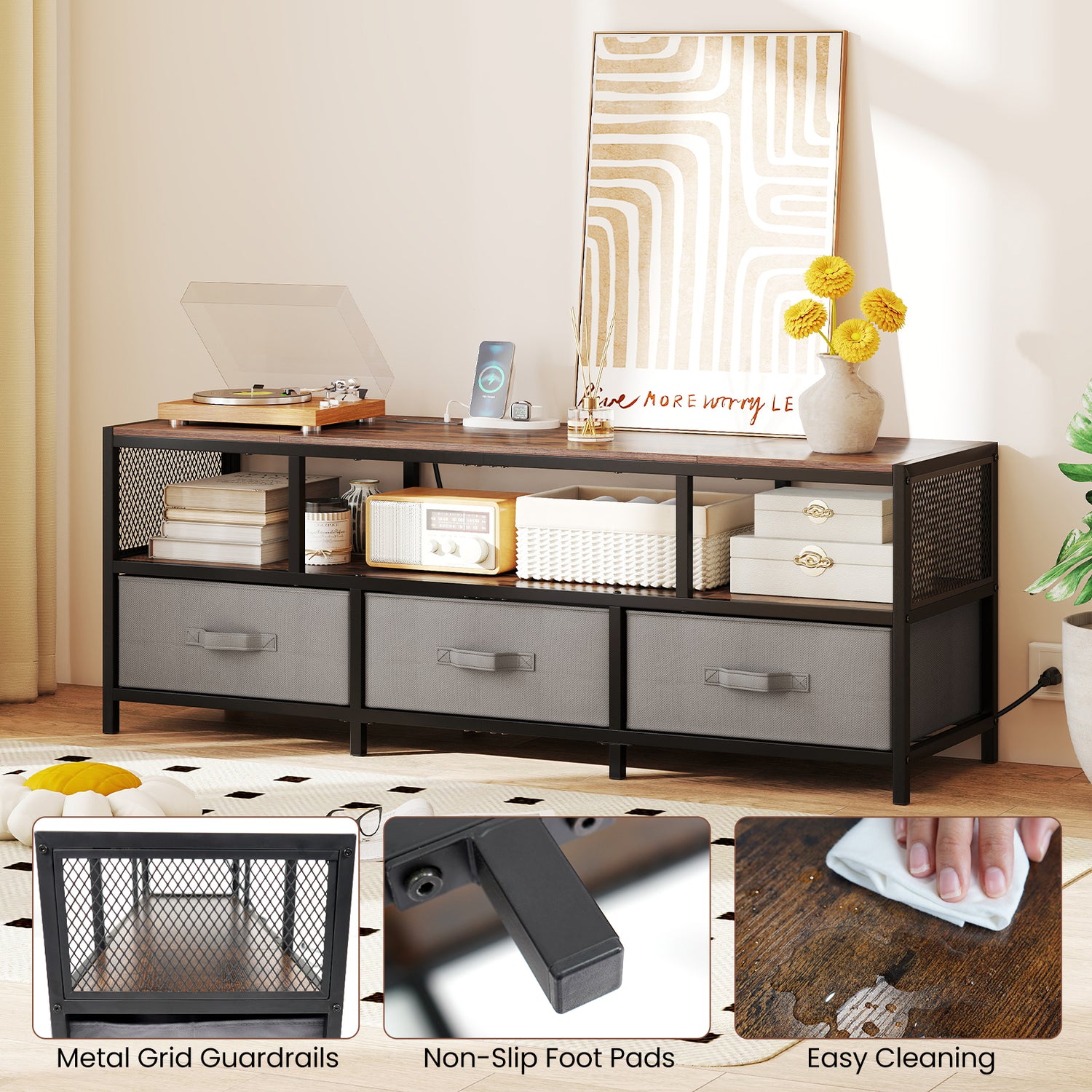 TV Stand for TVs up to 65 Inches with Power Outlets USB Charging-Rustic Brown
