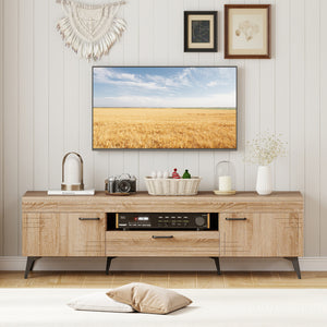 TV Stand with 2 Cabinets and Storage Drawer for 65 Inches TVs-Oak