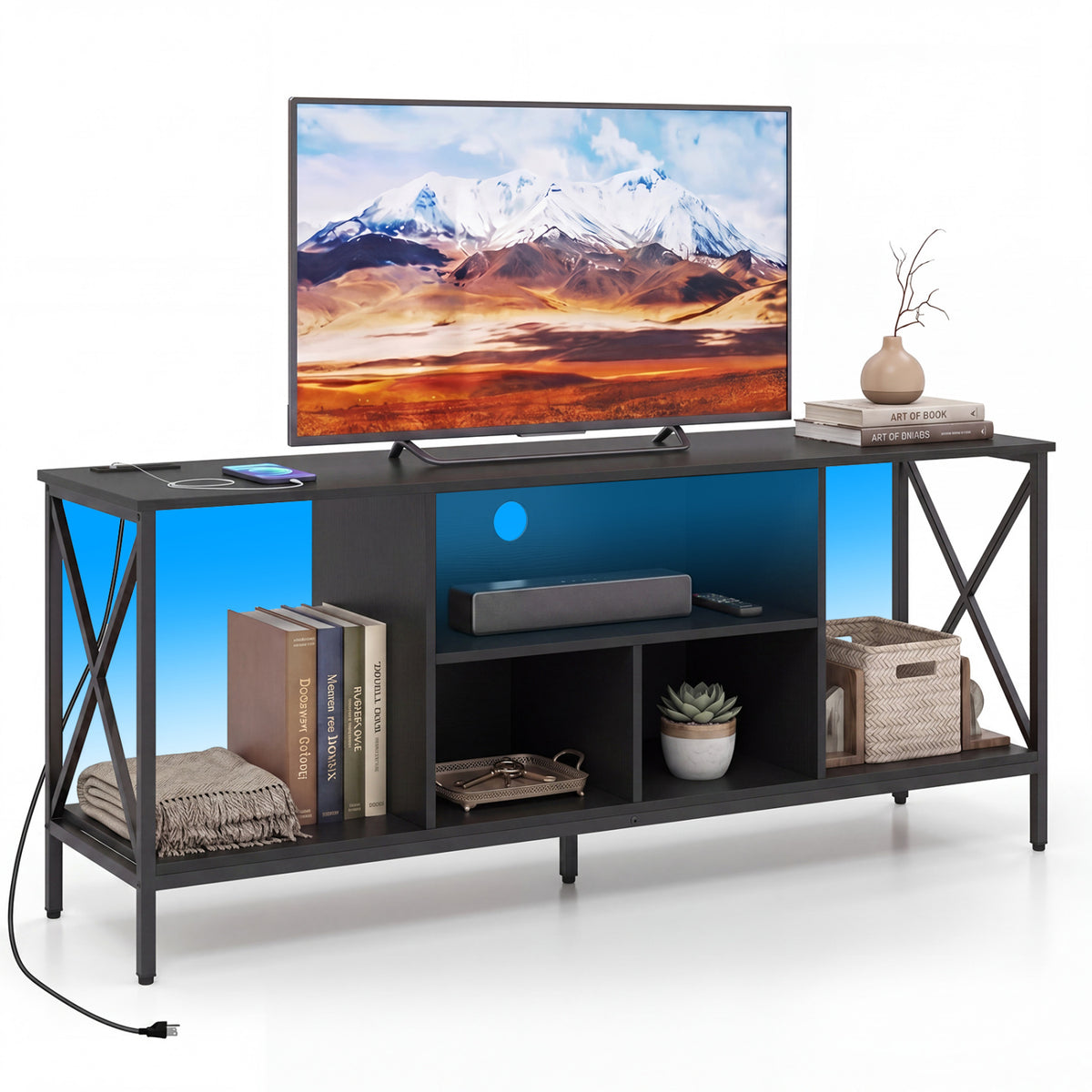 TV Stand with LED Lights for 65 Inch TV Entertainment Center with Power Outlets-Black