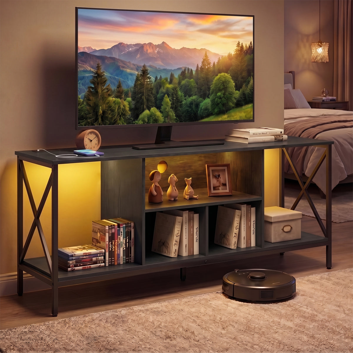 TV Stand with LED Lights for 65 Inch TV Entertainment Center with Power Outlets-Black