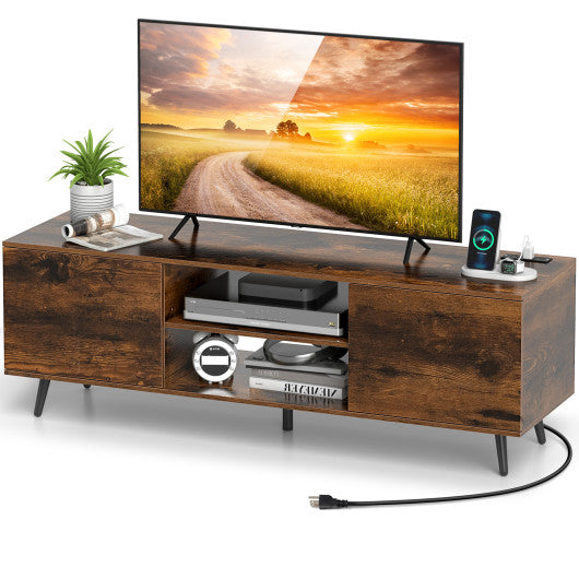 TV Stand with Power Outlets and Adjustable Shelf for 60 Inch TVs-Rustic Brown