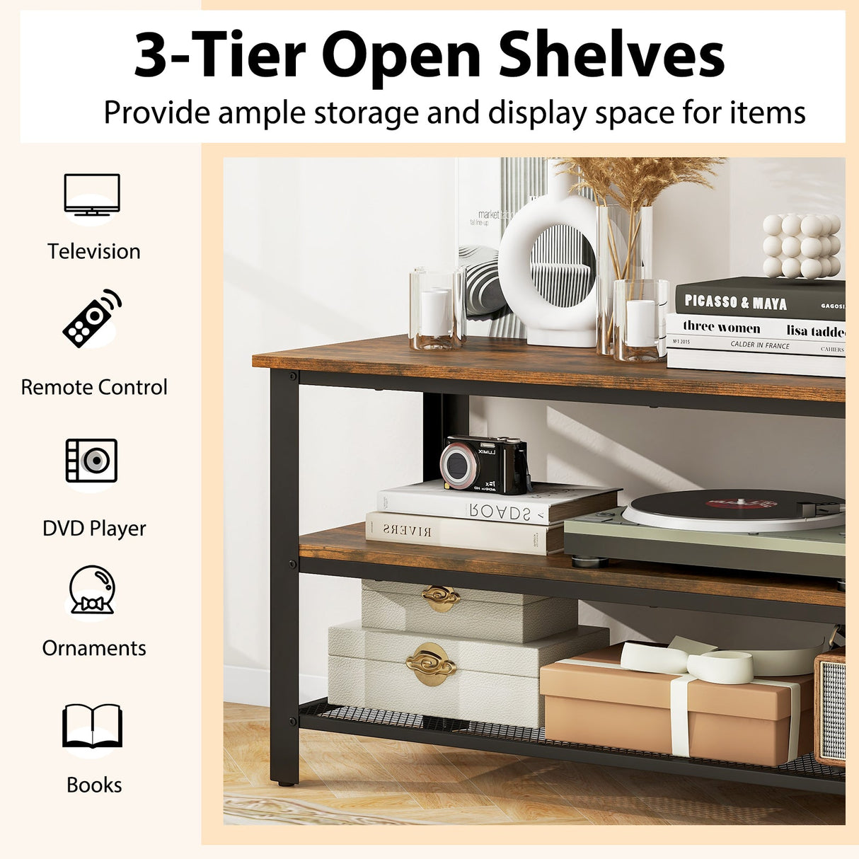 Industrial TV Stand up to 50 Inches with Power Outlets and USB Ports-Rustic Brown
